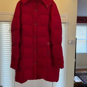 Beautiful Long Tall Sally from England, red, full length, puffer coat! Like new!